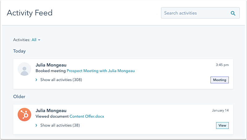 Preview HubSpot Activity Feed